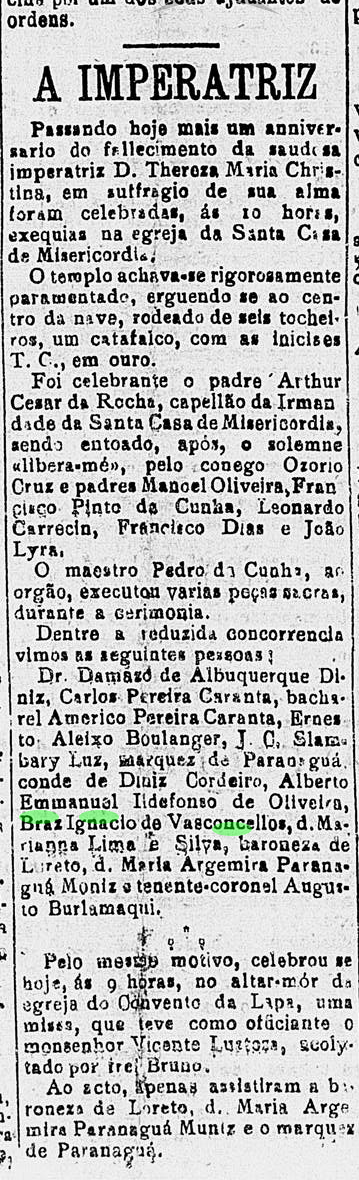 Art Bras Ignacio de vasconcellos solenidade aniversario de morte da Imperatriz 28 Dec 1908 Jormal O Seculo RJ