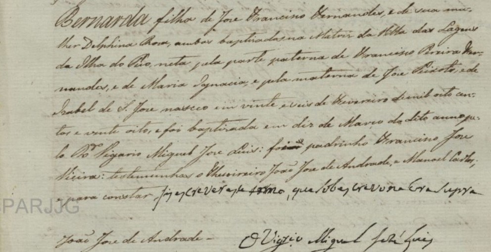 Bat Bernarda f Jose Francisco Fernandes e Delfina Rosa 1828 Angustias Horta Faial Acores