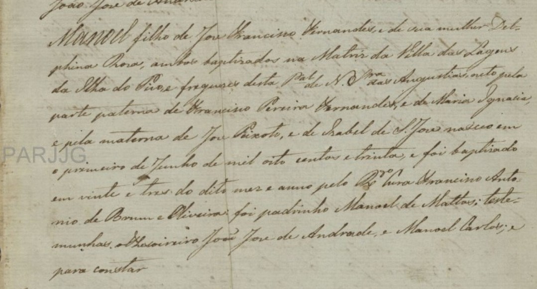 Bat Manoel f Jose Francisco Fernandes e Delfina Rosa 1830 Angustias Horta Faial Acores