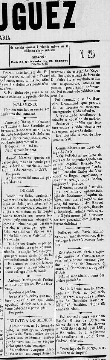 Joaquim Ignacio de Vasconcellos Suicidi nota diario Portugues 16 Jun 1885 RJ