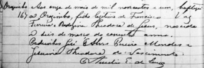 Image 5 Gabriel Vieira Registro de Batismo de Orozimbo. Grafia Rodozina.