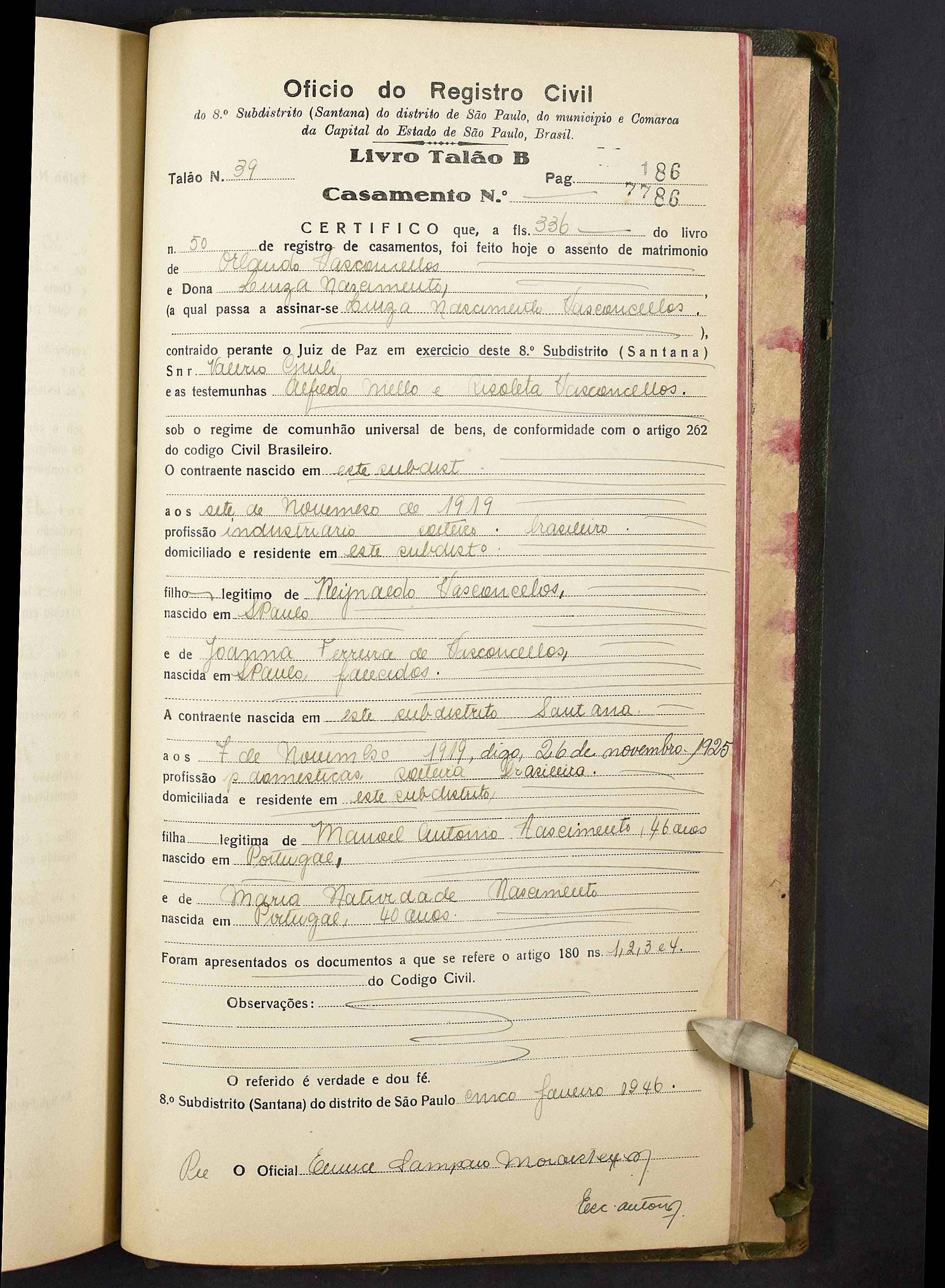 Cas Orlando de Vasconcellos e Luiza Nascimento 1946 Santana SP SP folha original