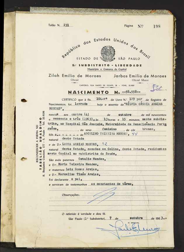 Nasc Silvia Cassia Areias Mendes 3 oct 1963 SP SP saude