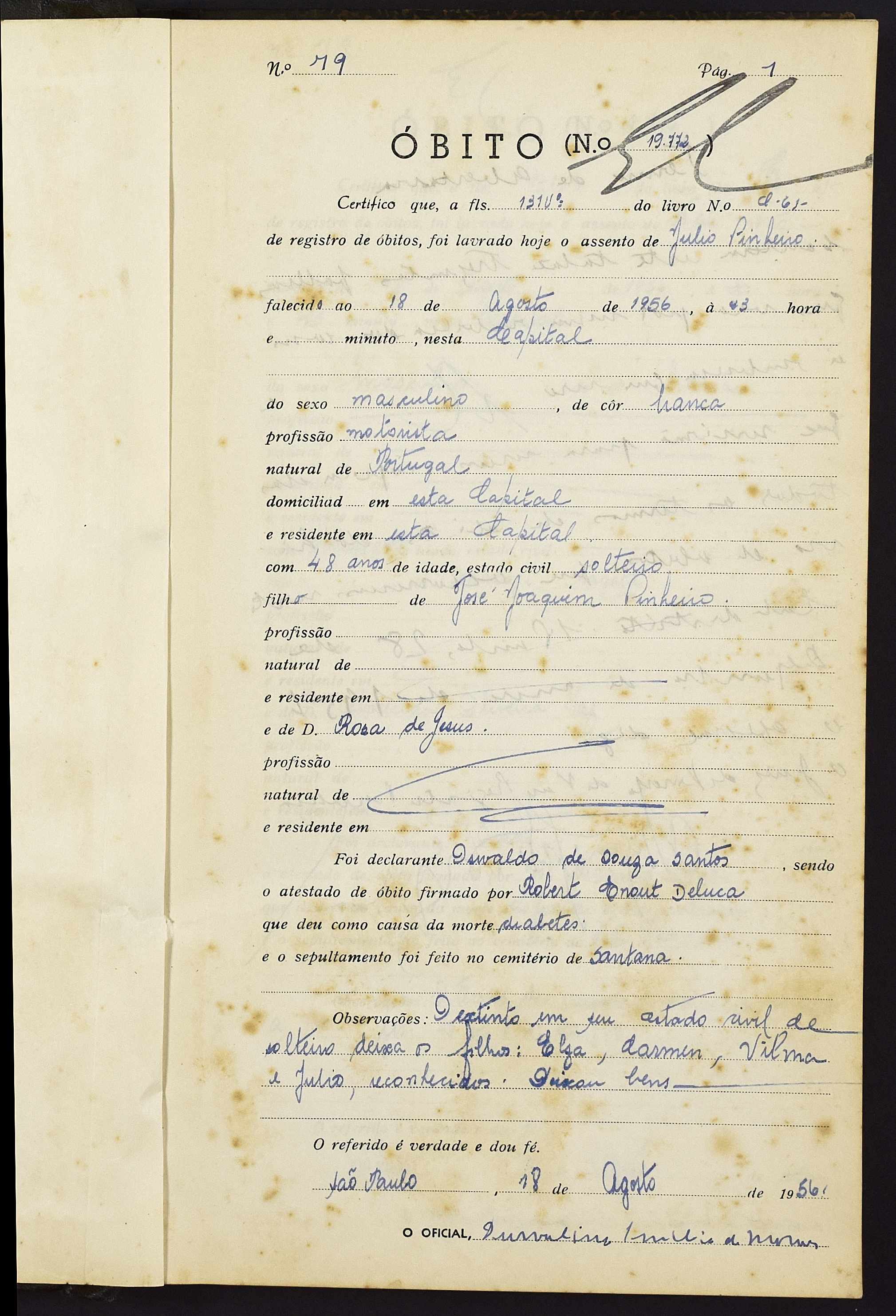 Ob Julio Pinheiro 18 Aug 1956 motorista irma da bisa Maria