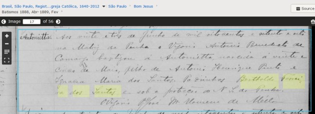 Bat Antonietta f. Antonio Henrique Pinto Ignacia Maria dos Santos pd Bertholdo Ferreira dos Santos 1888 Bras SP