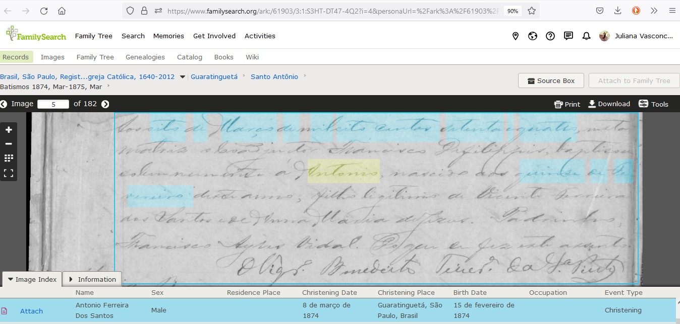 Bat Antonio Ferreira dos Santos filho de Vicente Ferreira dos Santos e Anna Maria de Jesus Guaratingueta 8 March 1874