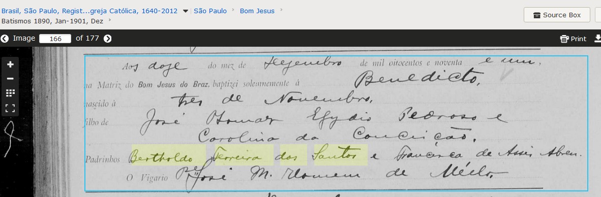 Bat Benedito Pedroso pad Bertholdo Ferreira dos Santos 1891 Bras SP