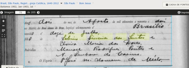 Bat Brasilio f Sabino Ferreira dos Santos e Elvira Maria das Dores 2 Aug 1892 Bras SP SP