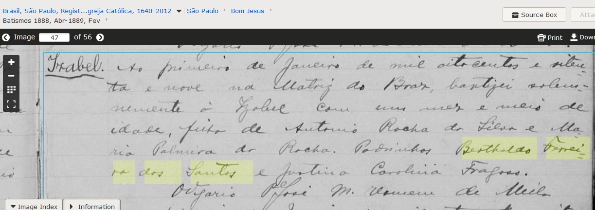 Bat ISABEL f Antonio Rocha da Silva e Maria Palmira da Rocha pad Bertholdo Ferreira dos Santos e Justina Carolina Fragoso 1889 Bras SP