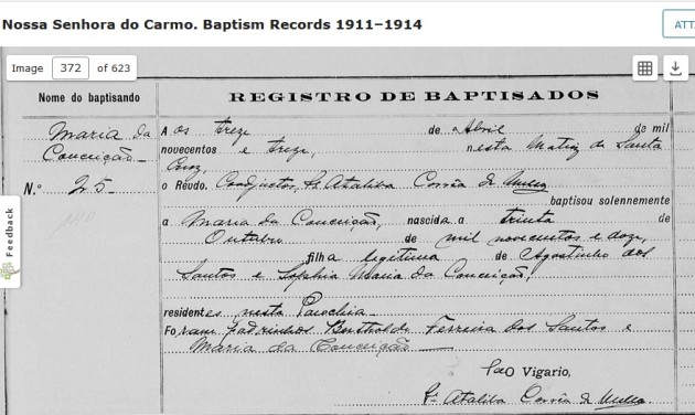 Bat Maria da Conceicao pad Bertholdo Ferreira dos Santos 1913 Igreja N S do Carmo