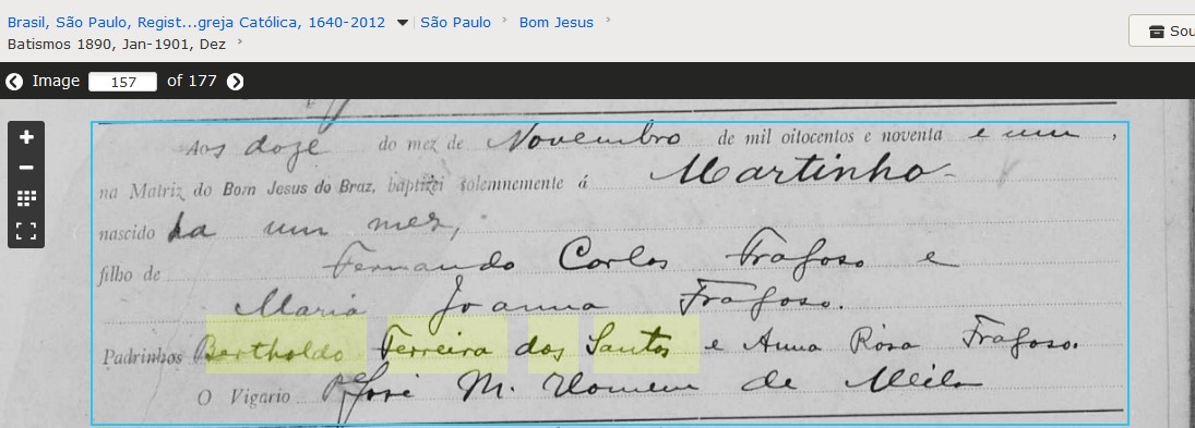 Bat Martinho f Fernando Carlos Fragoso e Maria Joanna Fragoso pad Bertholdo Ferreira dos Santos e Ana Rosa Fragoso Bras SP 1891