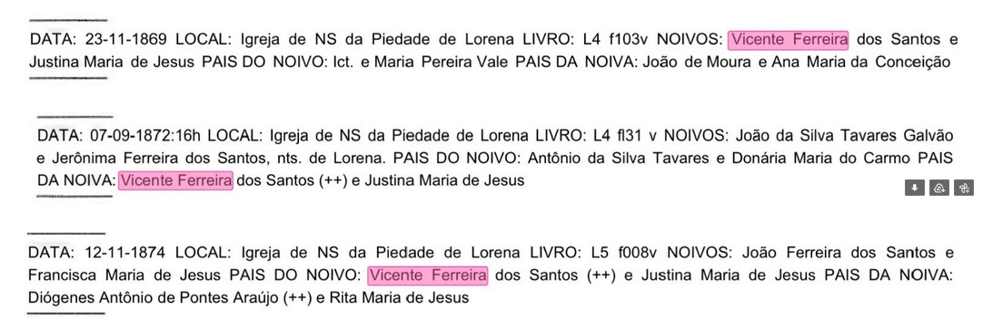 Cas em Lorena VICENTE Ferreira dos Santos e Justina Maria de Jesus Jeronyma e Joao fonte Livro de marcelo Barbio Rosa - Antigos Registros de Casamento do vale historico paulista Vol 2