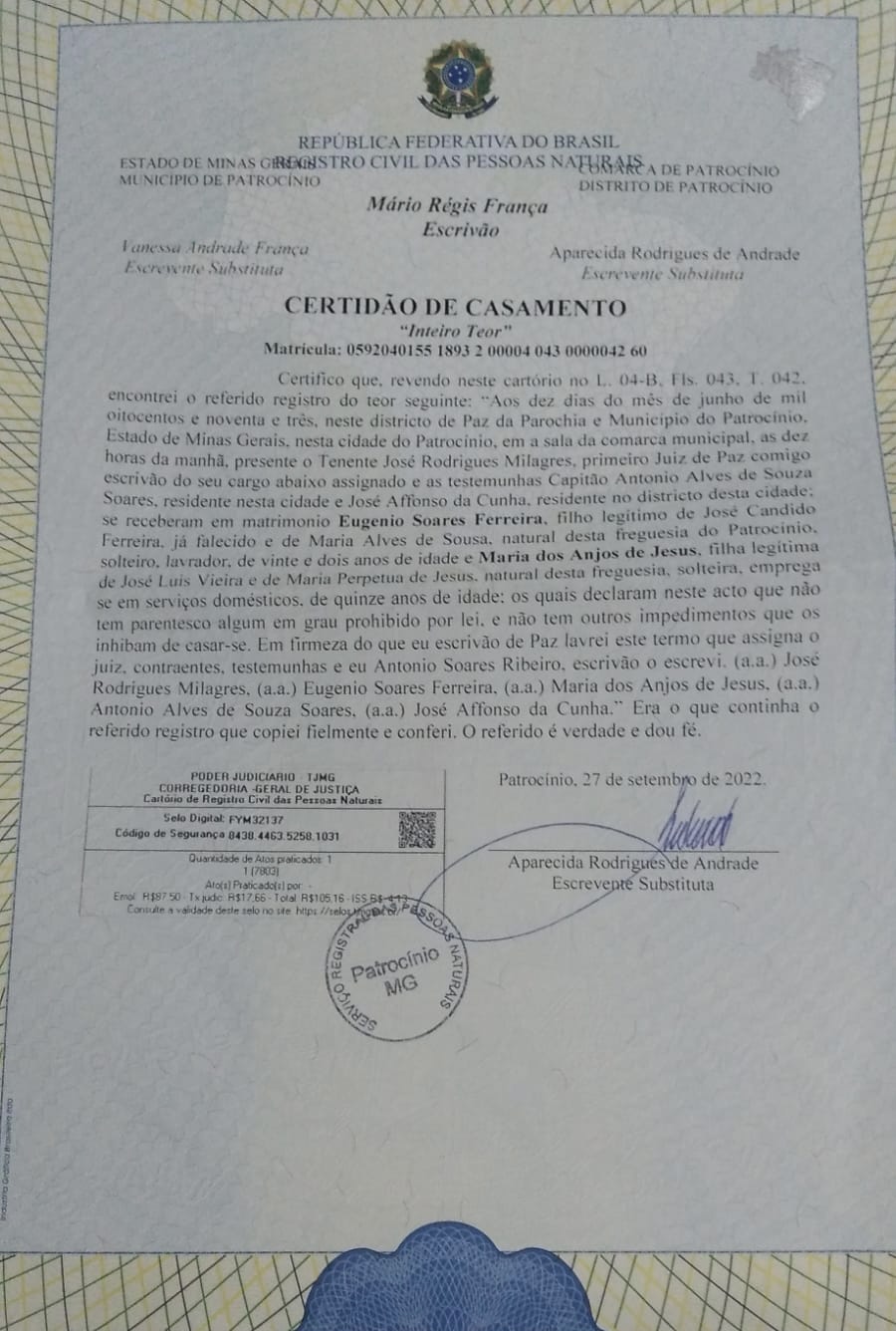 Cas Eugenio Soares Ferreira e Maria dos Anjos de Jesus Patrocinio 10 Jun 1893