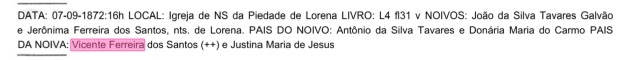 Cas JERONIMA Ferreira dos Santos livro verbete 1872 Lorena SP