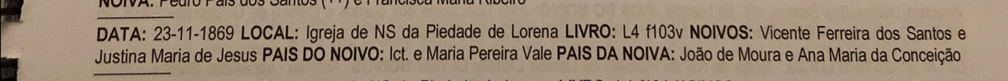 Cas VICENTE Ferreira dos Santos e Justina Maria de Jesus 1869 Lorena-SP Livro verbete 2