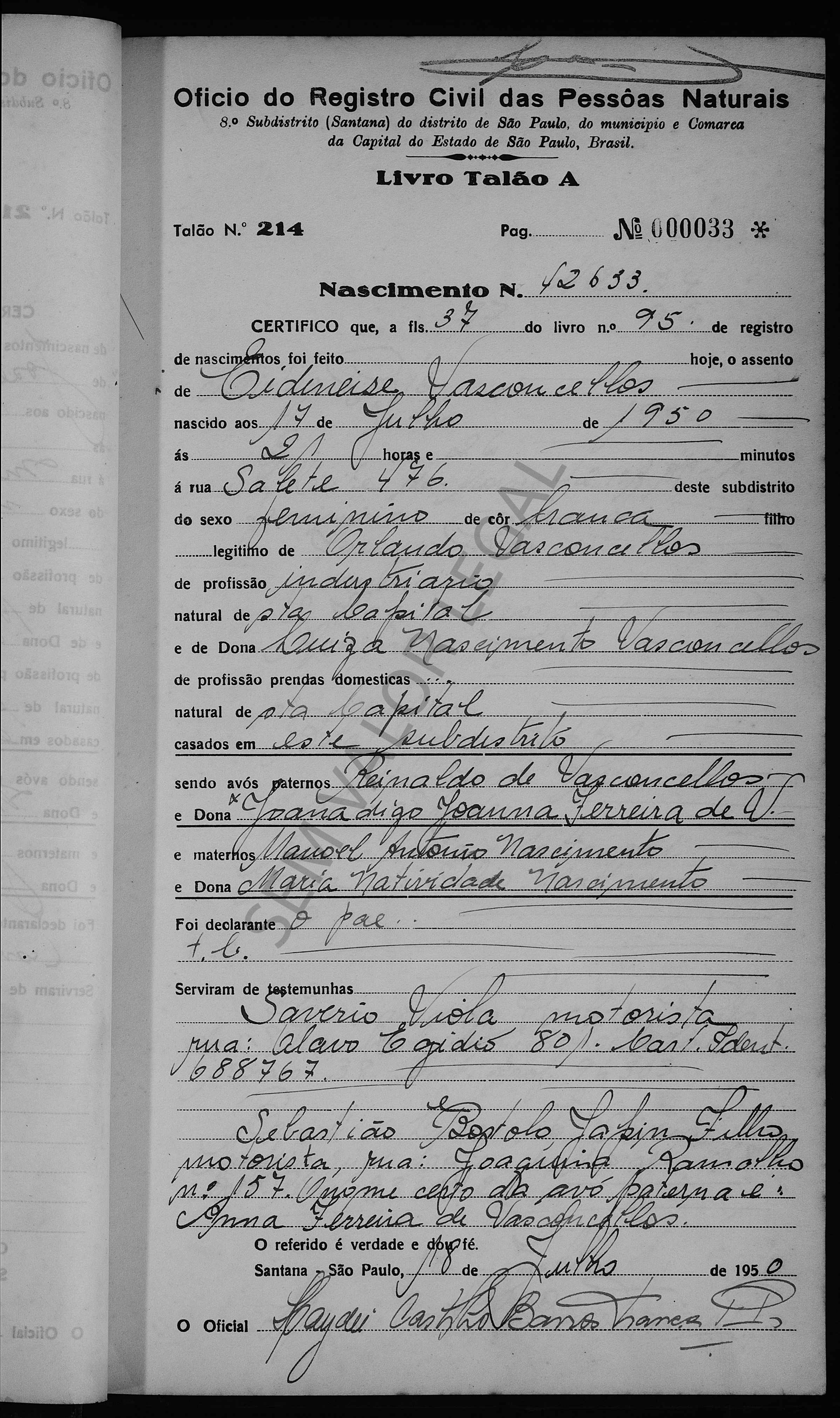 Nasc Eidineise Vasconcellos folha livro 17 Jul 1950 bairro Santana Sao Paulo SP