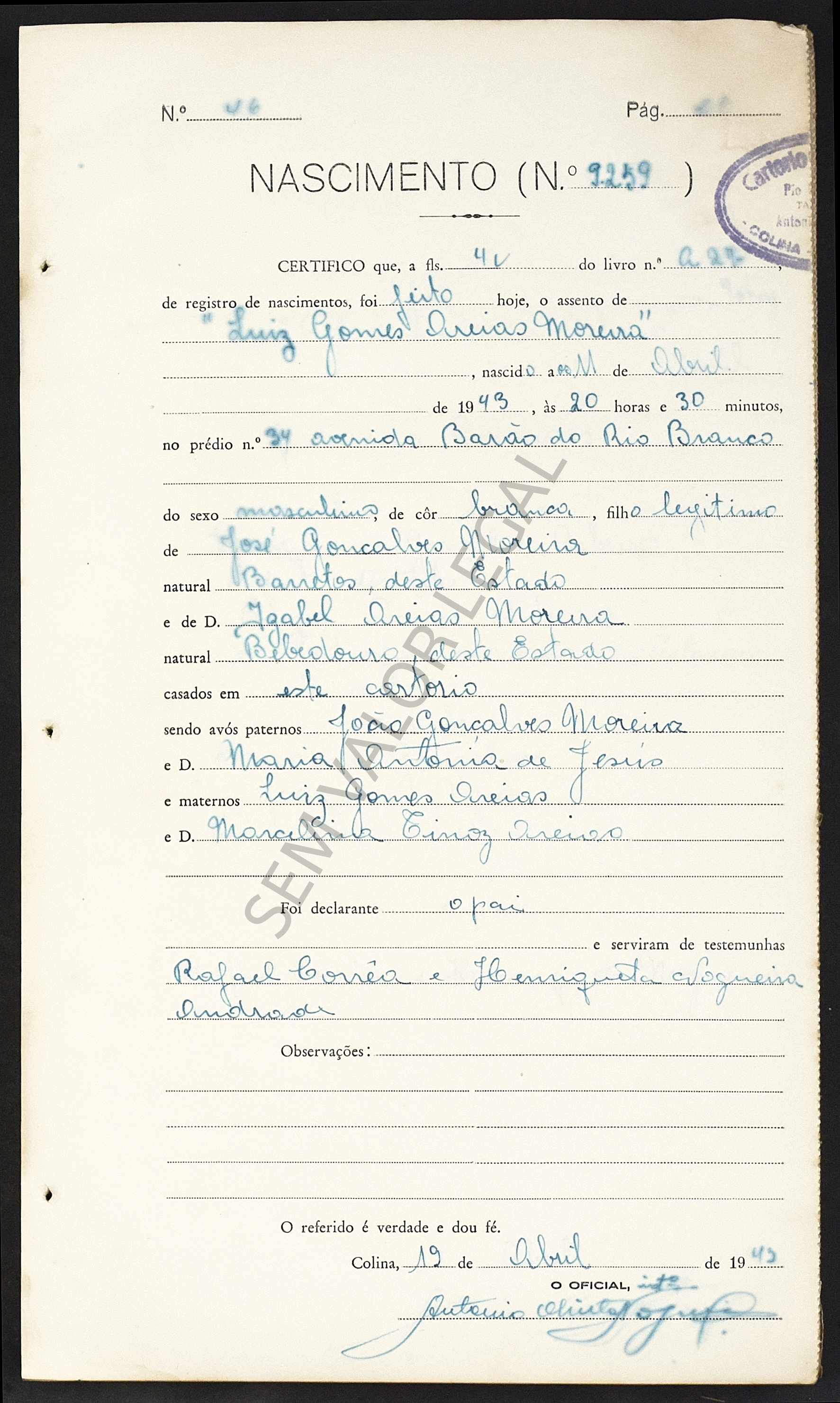 Nasc Luiz Gomes Areias Moreira 19 April 1942 Colina