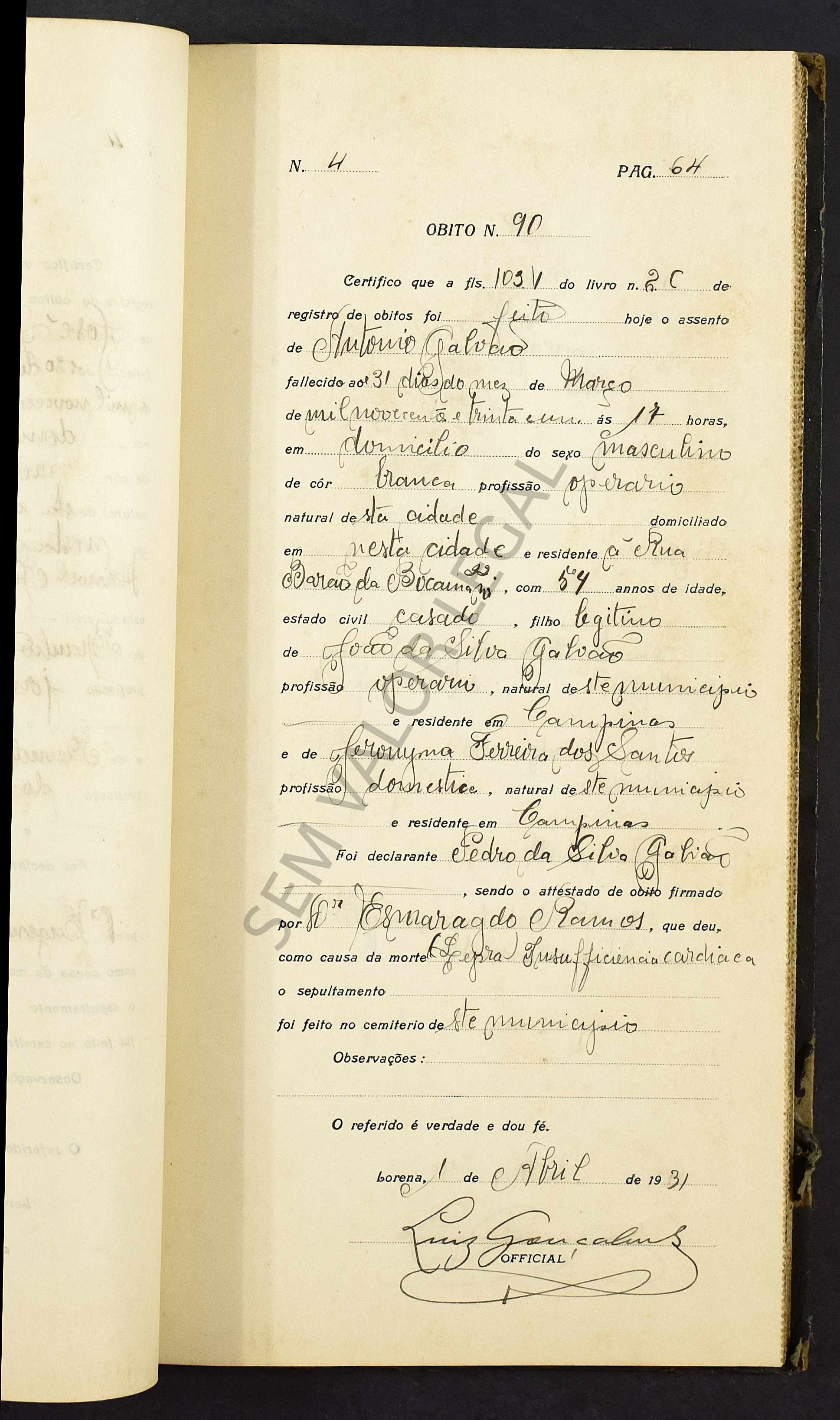 Ob Antonio Galvao 1931 filho de Jeronima Ferreira Galvao