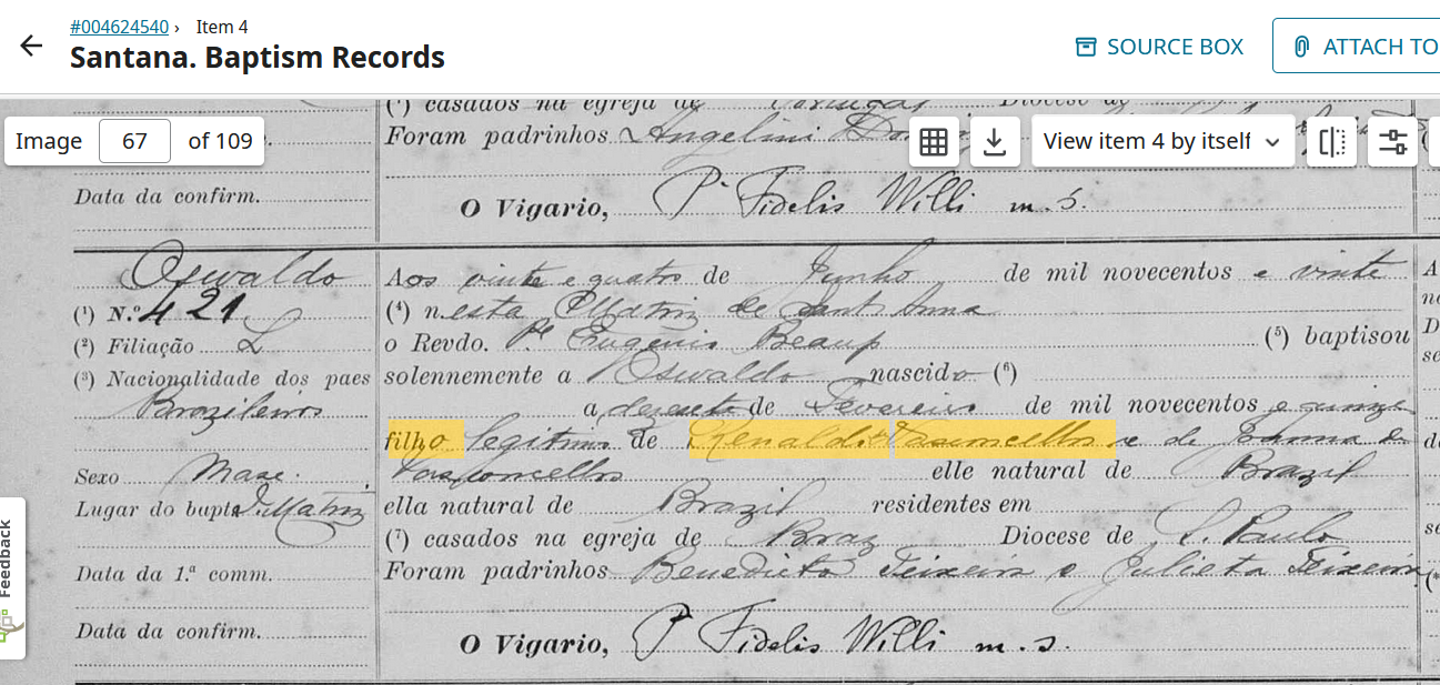 Bat Oswaldo de Vasconcellos nasc 17 feb 1915 Santana