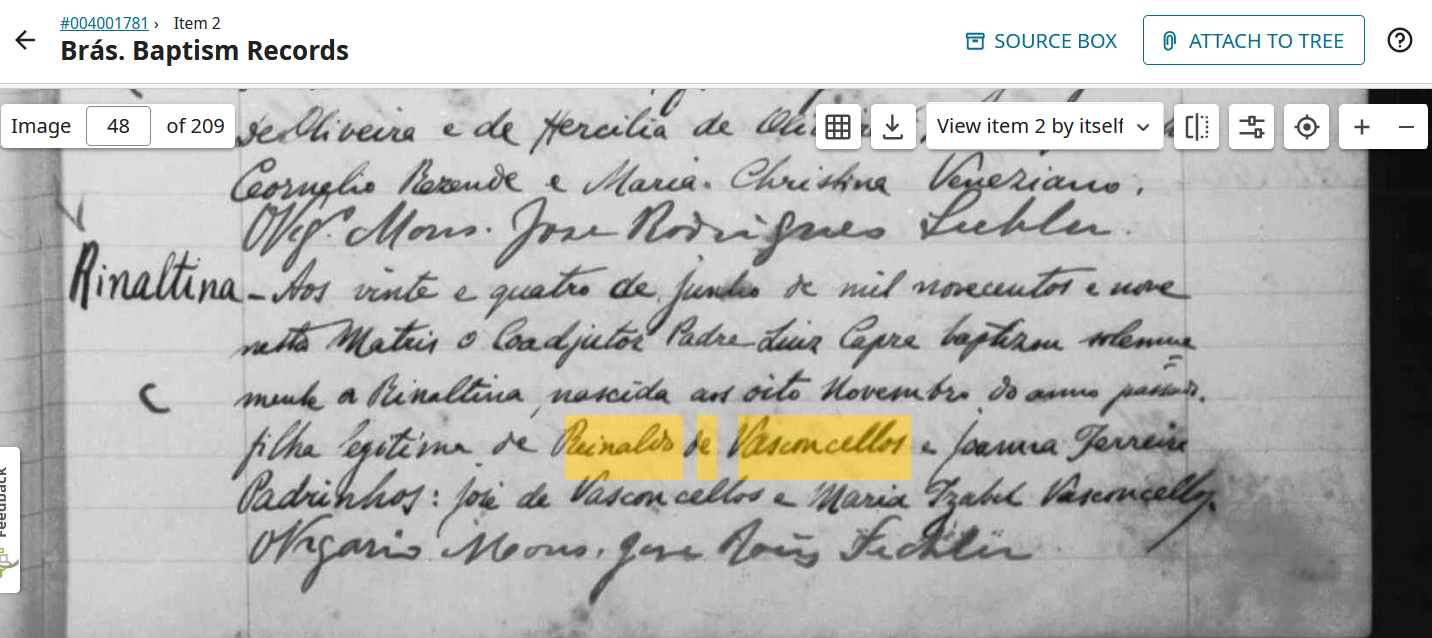 Bat Rinaltina Vasconcellos filha de Reinaldo de Vasconcellos e Joana Ferreira 1908 Bras Sao Paulo