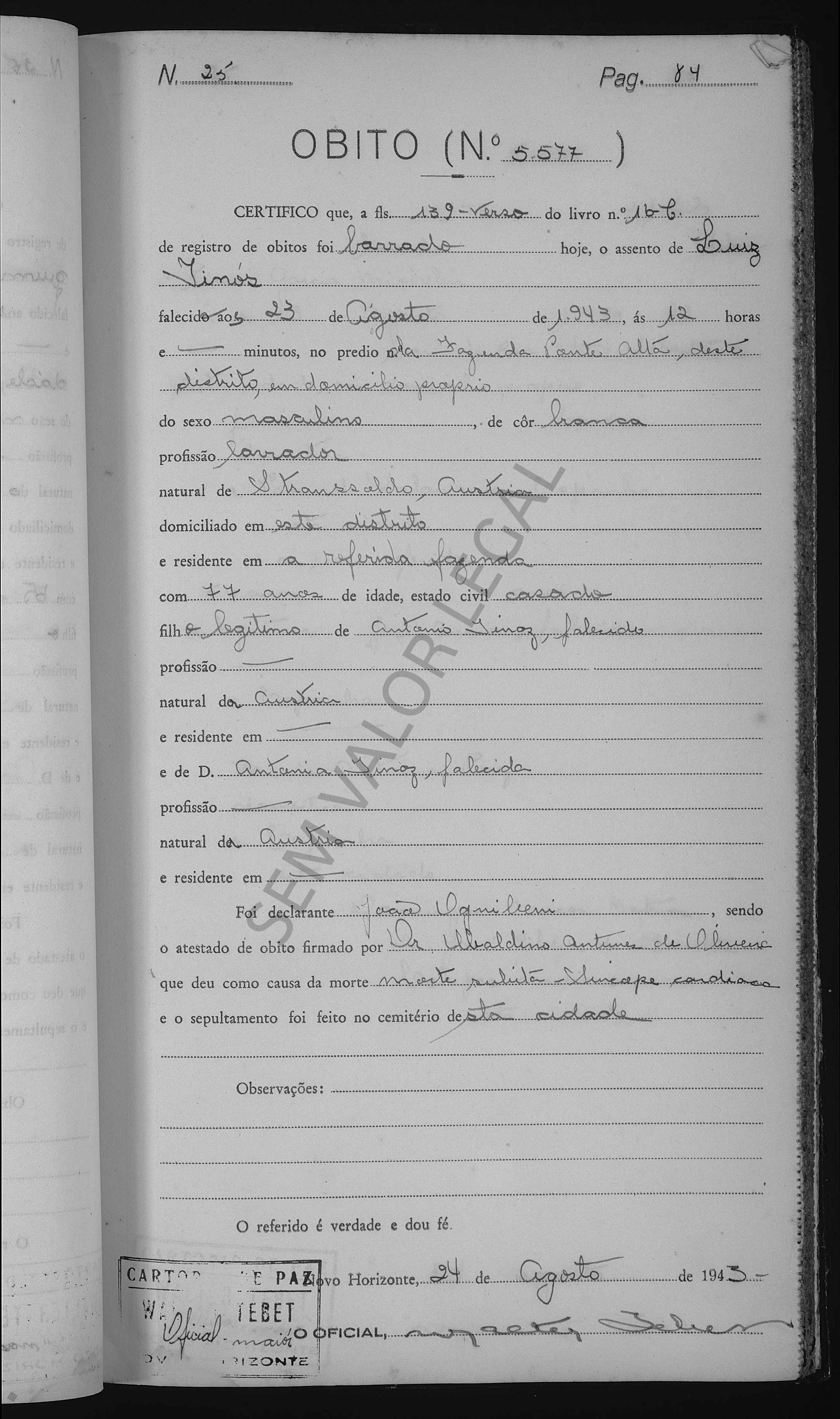 Obito Luigi Tinos 24 Aug 1943 Novo Horizonte SP