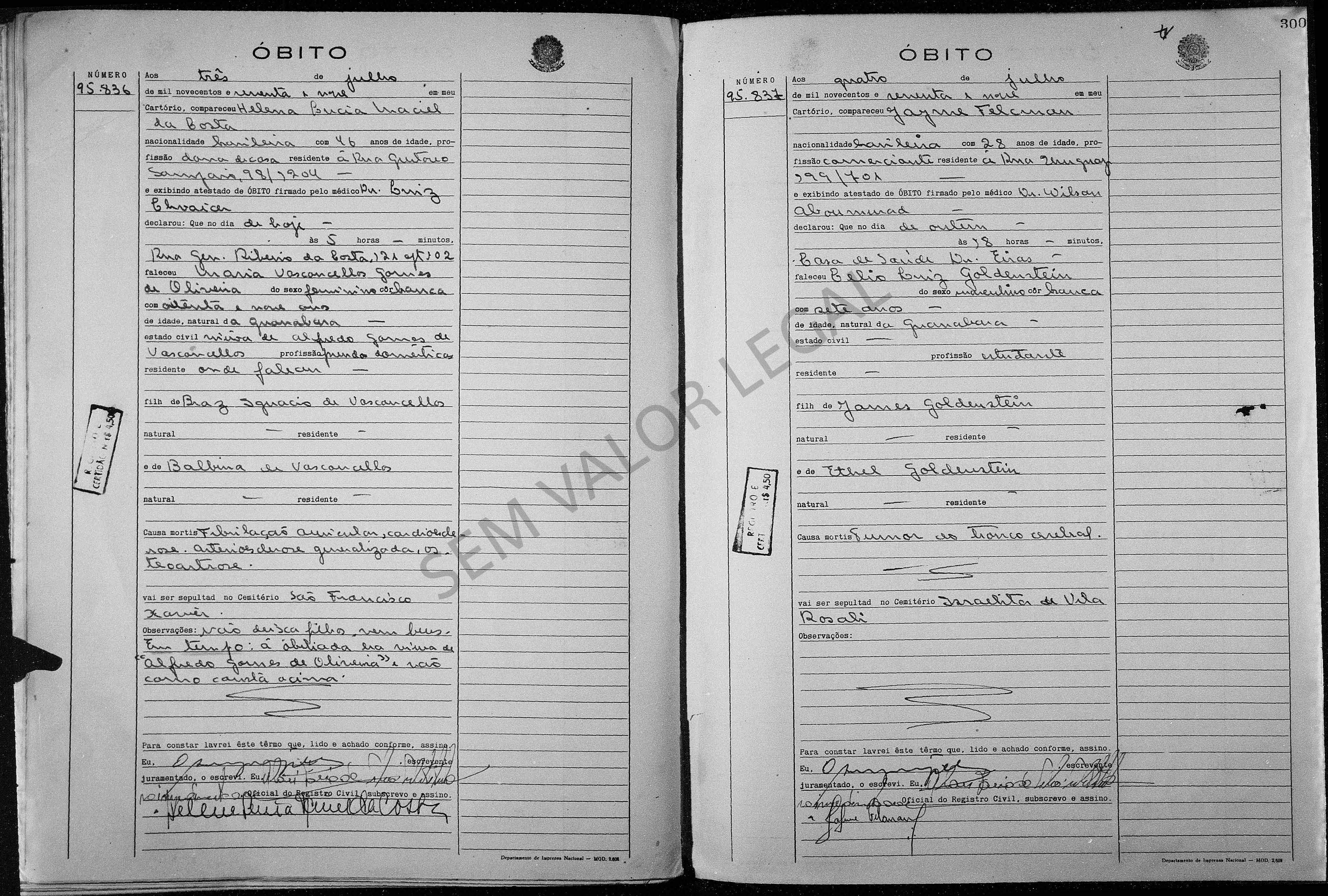 Obito Maria de Vasconcellos Gomes de Oliveira f. Bras 3 Jul 1969 viuva Rio